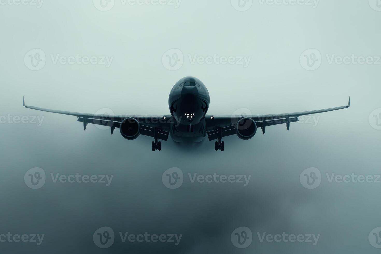 Aircraft approaching landing through foggy conditions at an airport during early morning hours photo