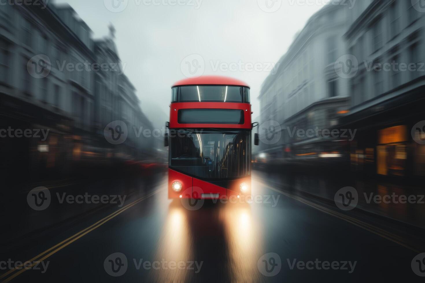 Red double-decker bus travels through rainy downtown streets in blurred motion during evening rush hour photo