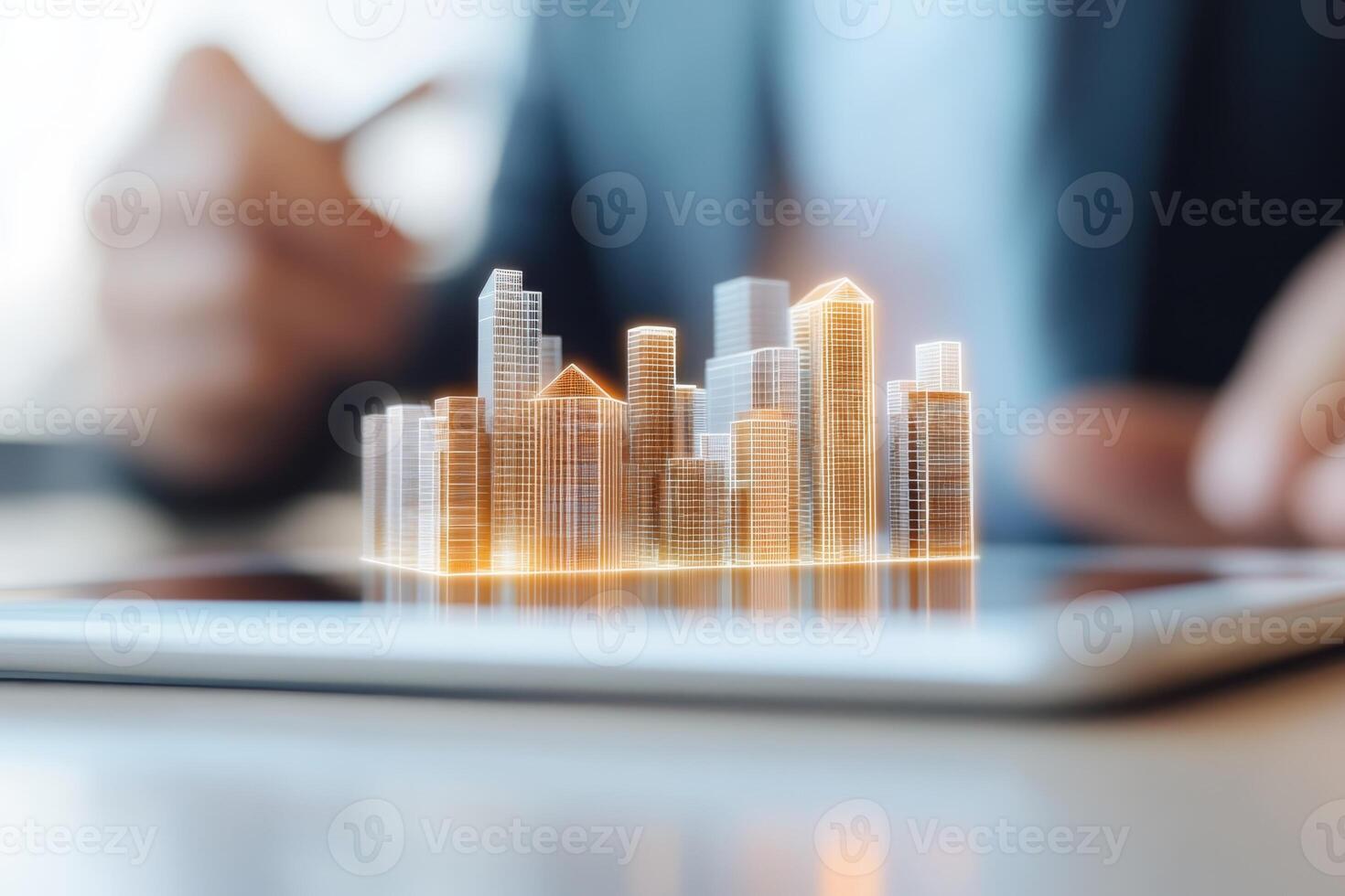 Digital urban design visualization on tablet showcasing modern skyscrapers with glowing outlines photo