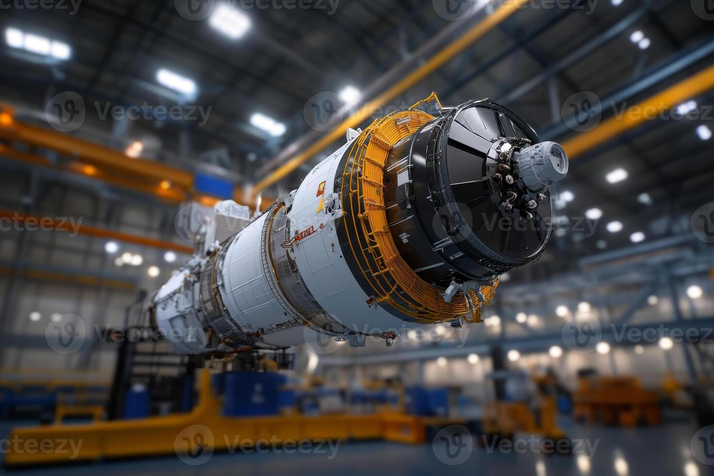 Large rocket engine prepared for assembly inside a modern aerospace manufacturing facility photo