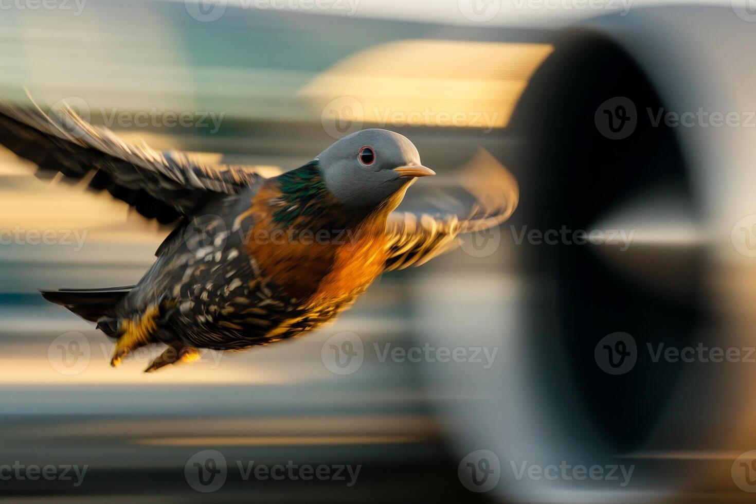 Bird in flight near an aircraft engine at sunset with vibrant colors and blurred background photo