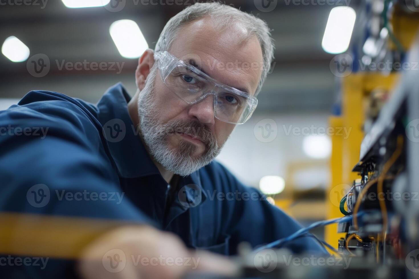 Skilled technician repairs machinery in a modern workshop during daylight hours photo