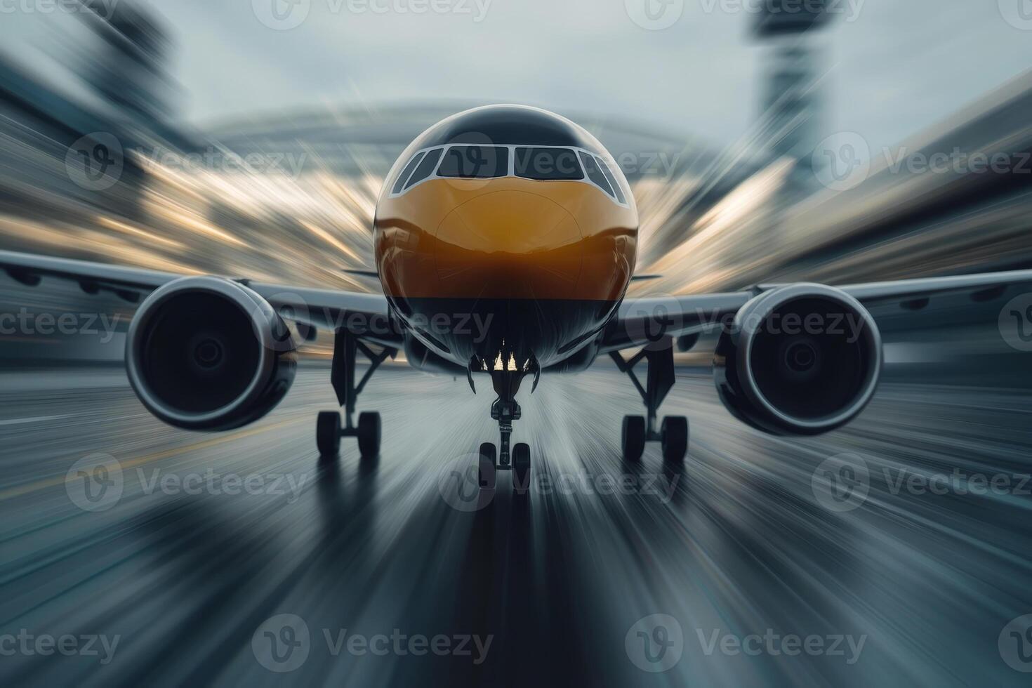 Jet aircraft takes off on a rainy day from a busy airport during twilight hours photo
