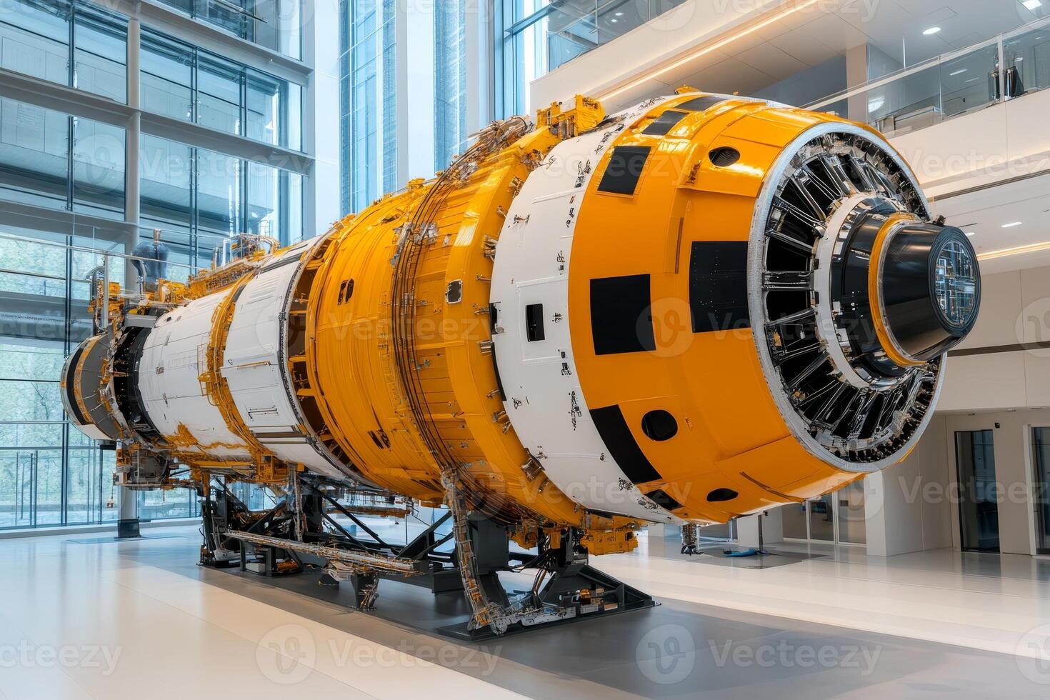 Advances in aerospace technology showcased in a vibrant rocket engine display at a modern facility photo
