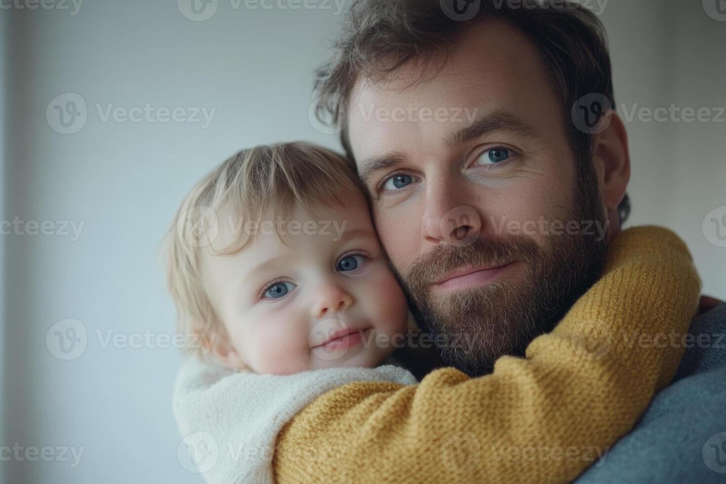Father embraces child with a warm smile in a cozy indoor setting during a tender moment of connection photo