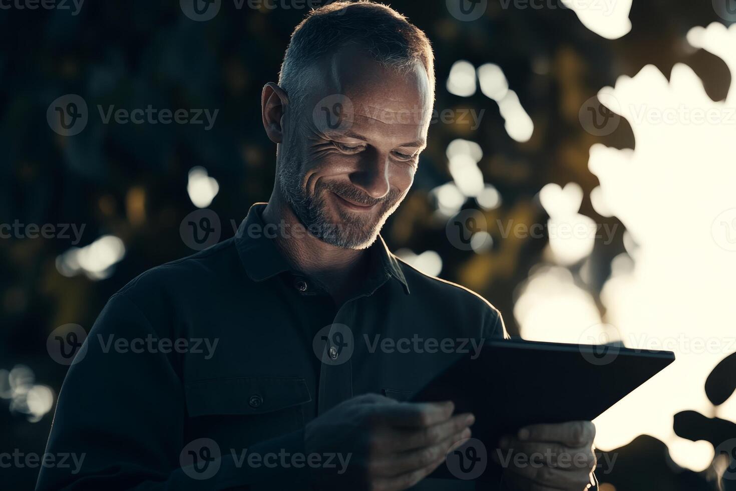 Man smiles while using a tablet outdoors during golden hour, surrounded by greenery photo