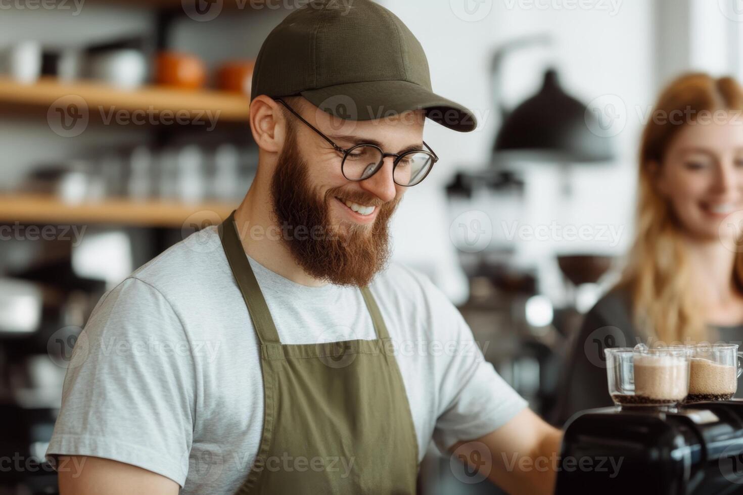Barista prepares coffee while sharing a smile in cozy cafe setting during daytime photo
