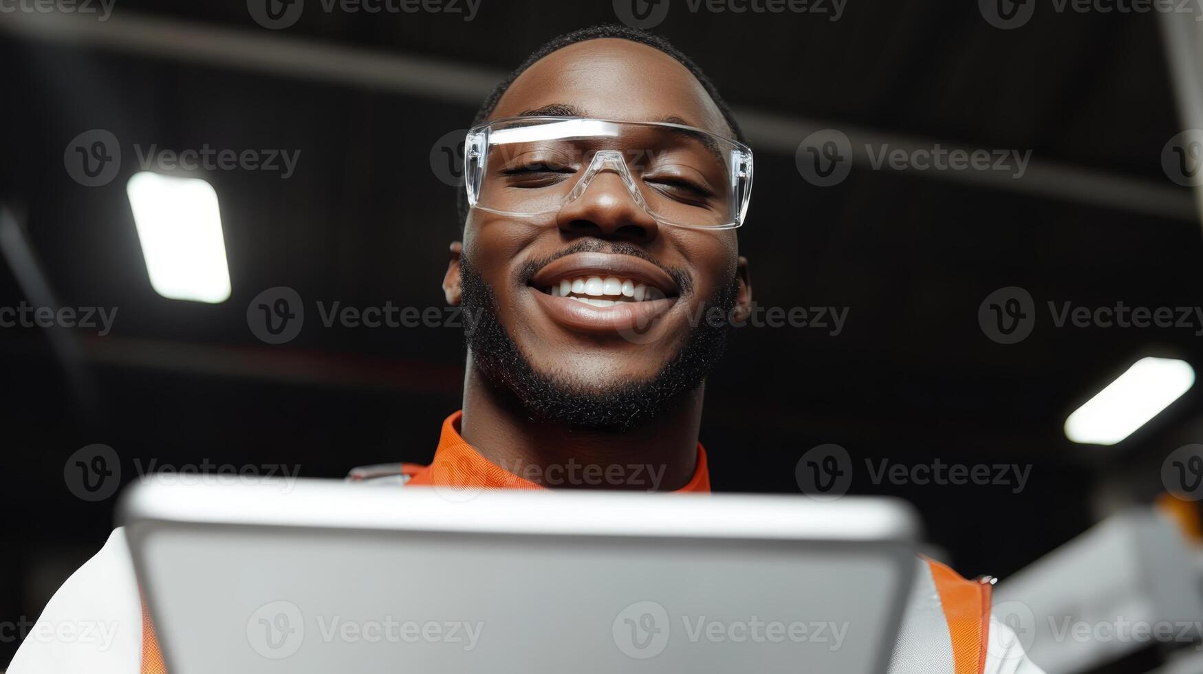 Young man wearing glasses and orange shirt smiling while using a tablet in a modern workspace setting photo