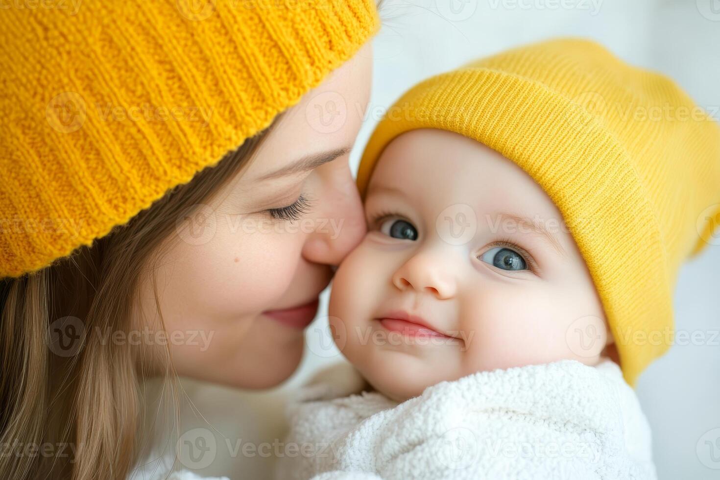 Mother and baby share a joyful moment while wearing matching yellow beanies at home on a cozy day photo