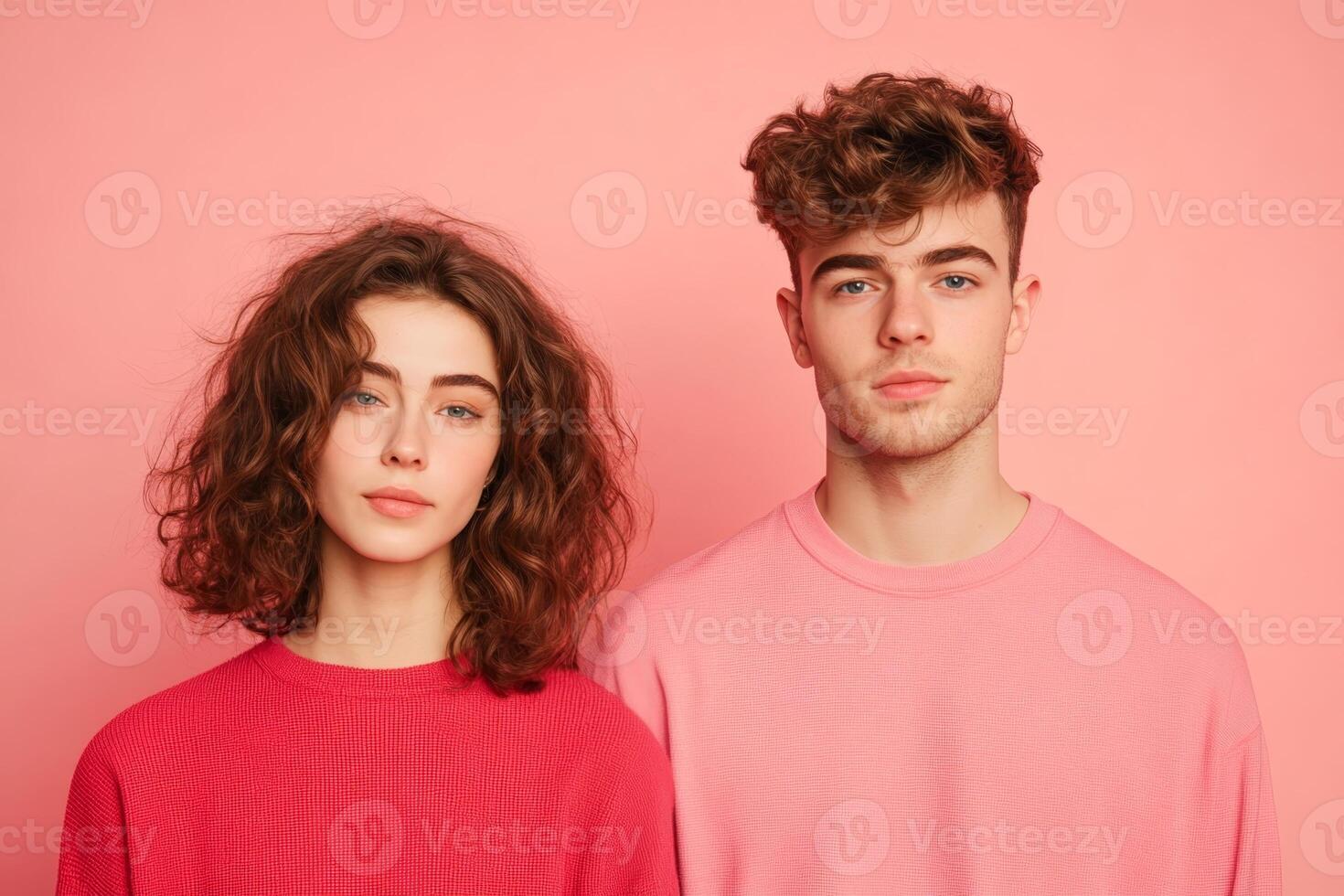 Young adults pose in casual fashion against a vibrant pink background photo