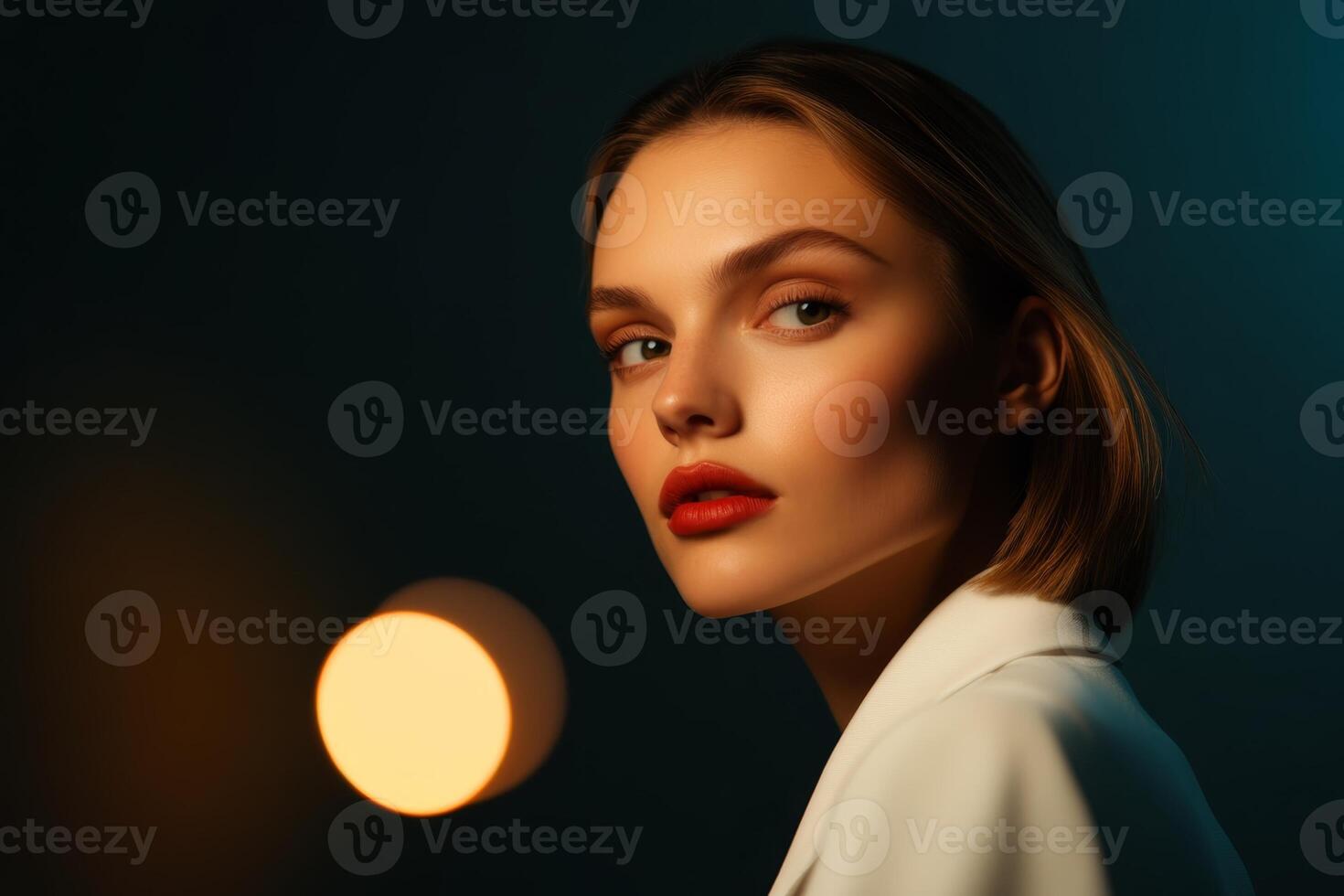 Beautiful woman poses elegantly with dynamic lighting in a soft studio environment photo