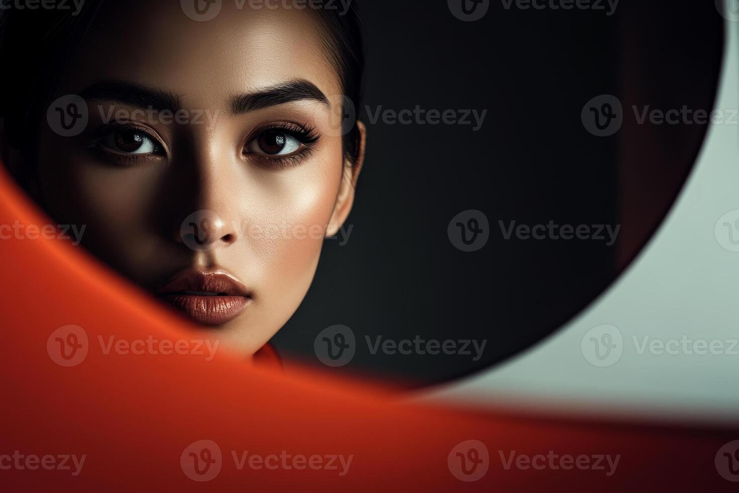 Stunning close-up of a woman showcasing striking features and captivating expression in a minimalist setting photo