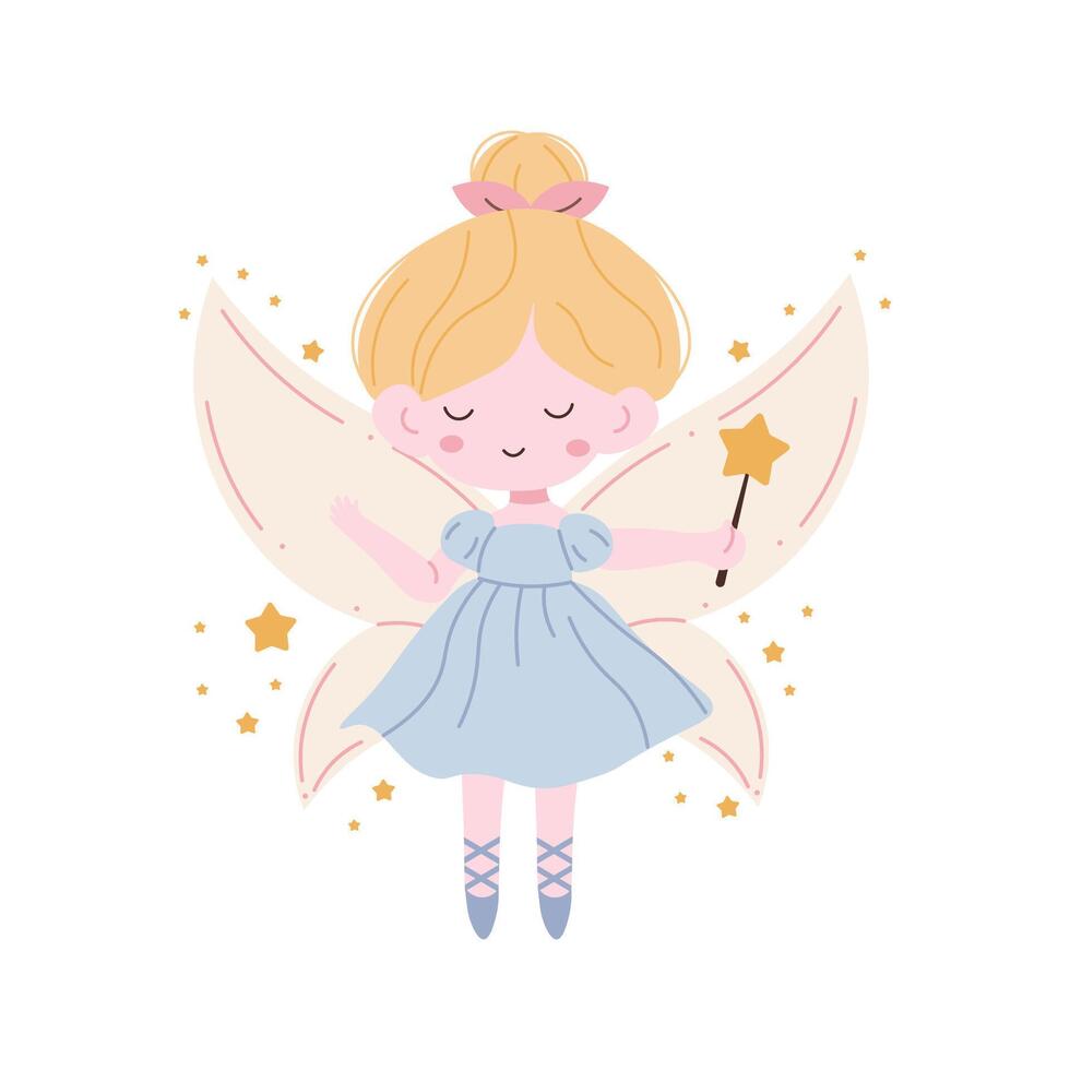Flat style illustration of a cute fairy with blonde hair, holding a magic wand, surrounded by golden stars, ideal for children's designs, fantasy themes, and magical projects. vector