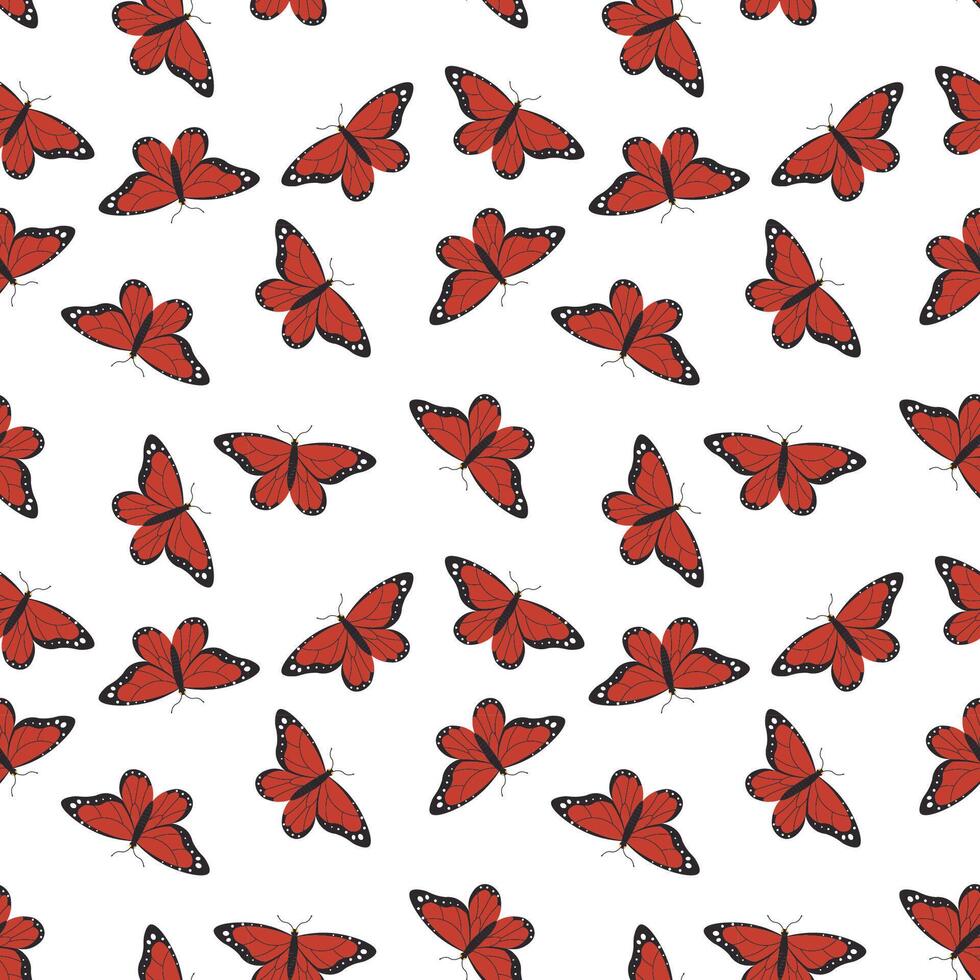 Seamless pattern of red butterflies in a flat style, arranged in a scattered layout. Perfect for textiles, wallpapers, packaging, and decorative backgrounds. vector