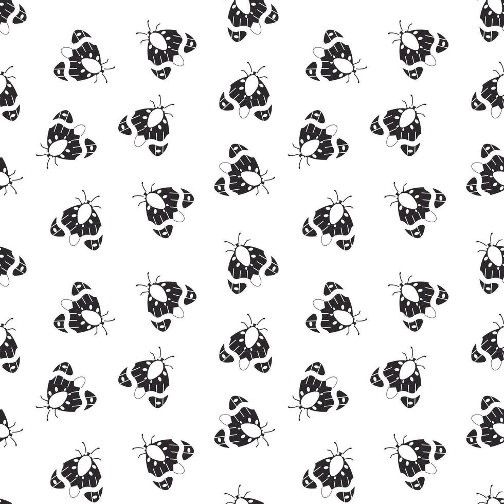 Seamless black and white pattern featuring stylized moths with geometric wing details, ideal for textiles, wallpaper, packaging, and nature-inspired designs. vector