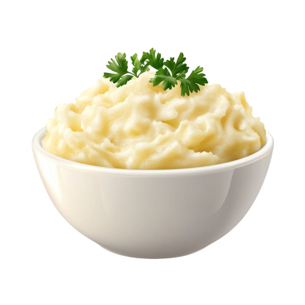 A bowl of mashed potatoes with parsley on top png