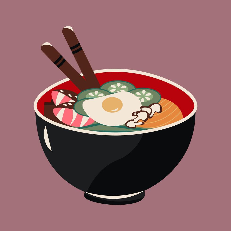 Flat-style illustration of a bowl of bibimbap, featuring rice, vegetables, fried egg, and chopsticks. Perfect for food-related designs, icons, menus, or projects showcasing Korean cuisine. vector