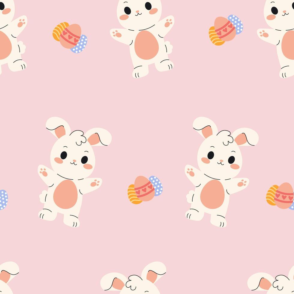 Seamless pattern of Easter bunnies with eggs, perfect for holiday, spring, and festive design projects. vector