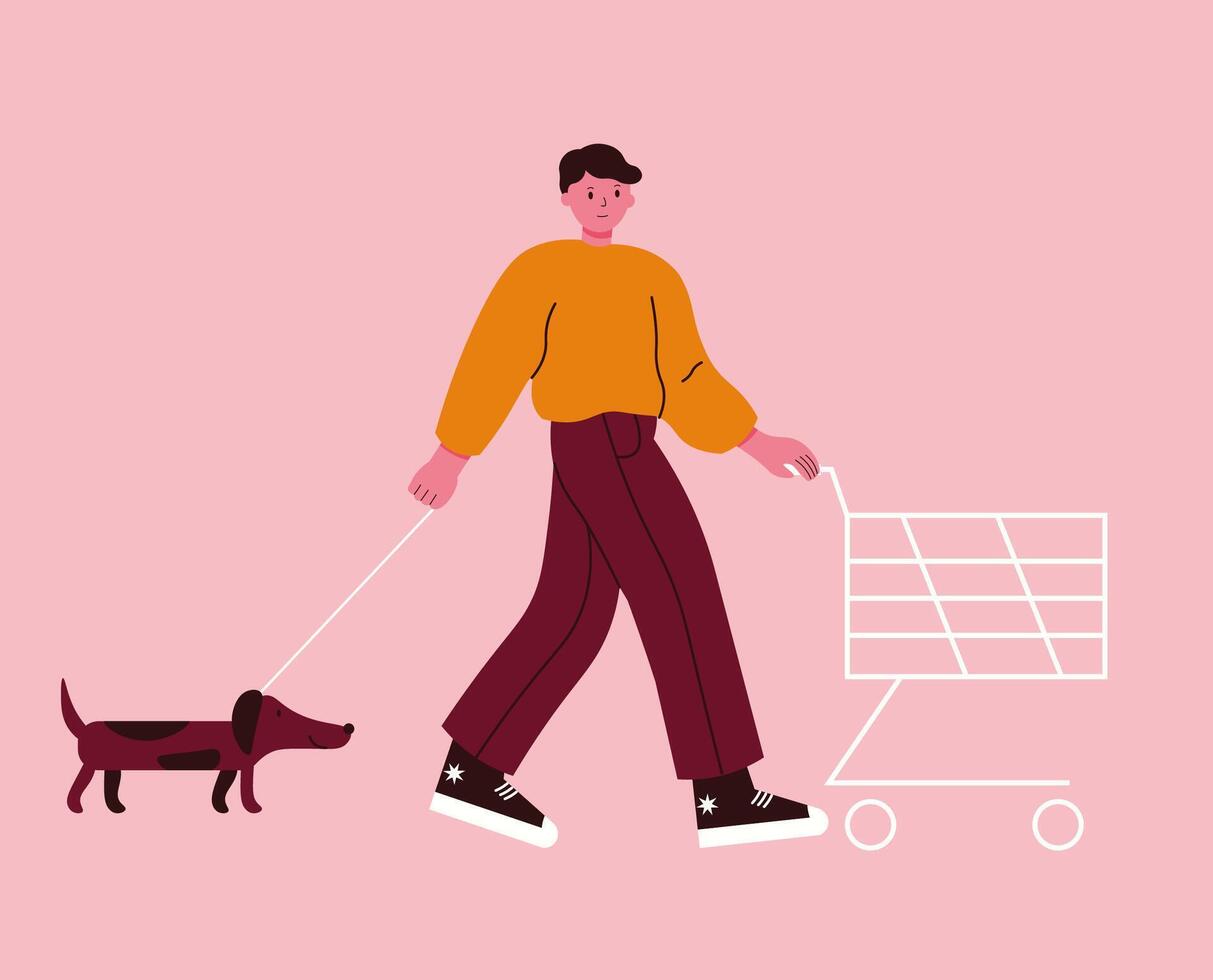 Flat style illustration of a man walking a dachshund with a shopping cart, perfect for lifestyle, pet, and modern design projects. vector