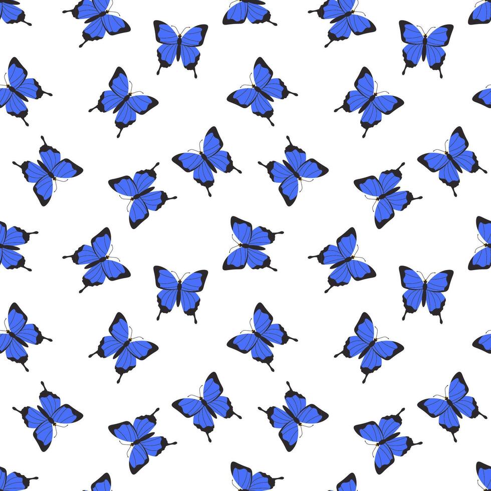 Seamless pattern of elegant blue butterflies in a flat style, arranged in a dynamic scattered composition, ideal for textiles, wallpapers, packaging, and decorative backgrounds. vector