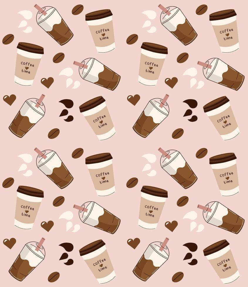 Flat-style seamless pattern of takeaway coffee cups, iced coffee, beans, and heart shapes on a soft pink background. Perfect for cafe branding, packaging, stationery, or digital designs. vector