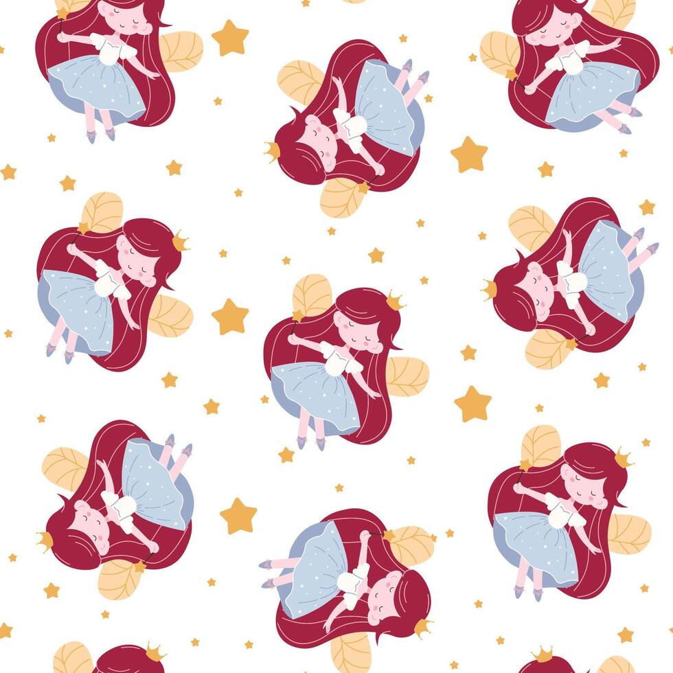 Seamless pattern of a cute fairy with red hair and holding a magic wand, surrounded by yellow stars, ideal for children's designs, fabrics, and magical-themed projects. vector