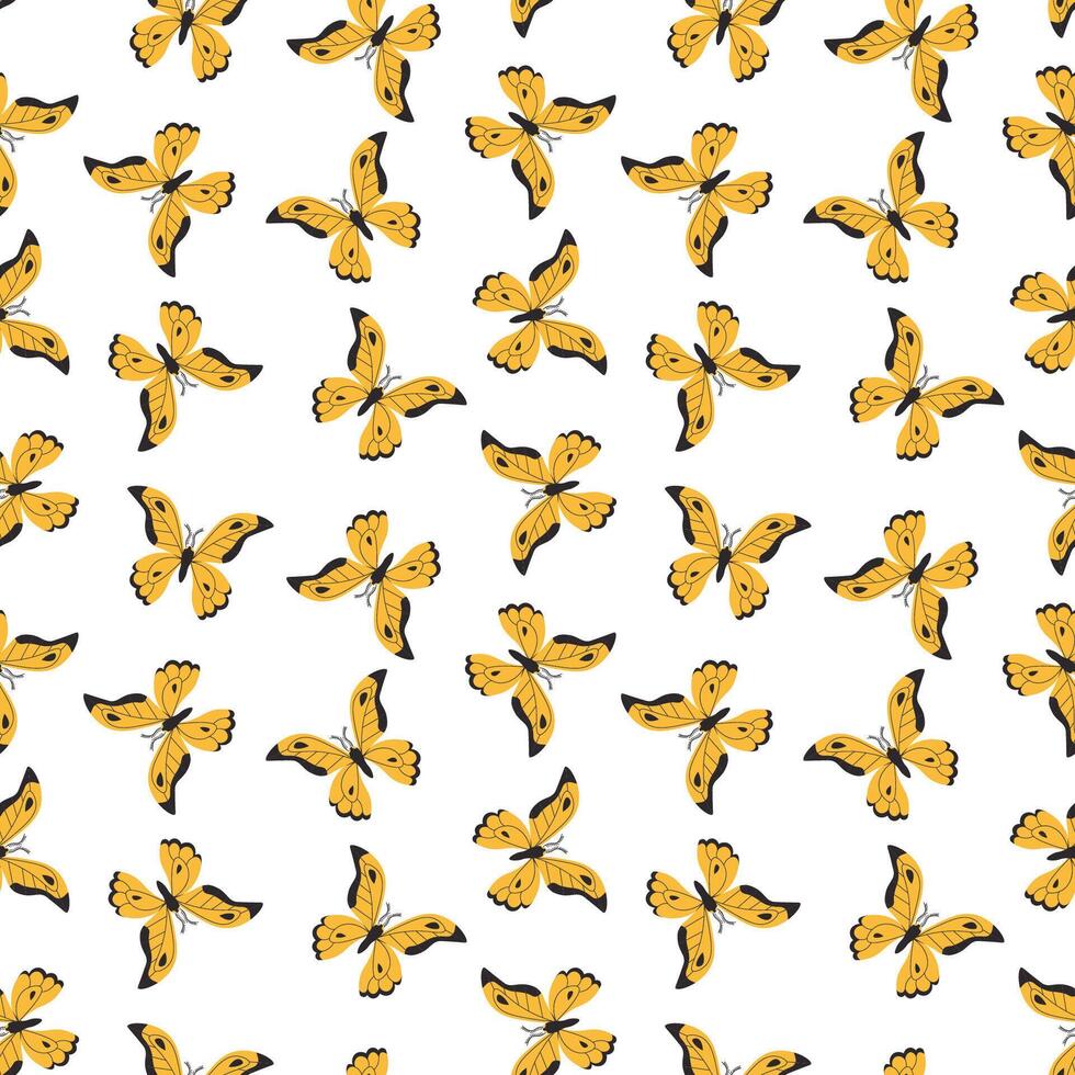 Seamless pattern of yellow butterflies in a flat style, arranged in an elegant scattered layout. Ideal for textiles, wallpapers, packaging, and decorative backgrounds vector