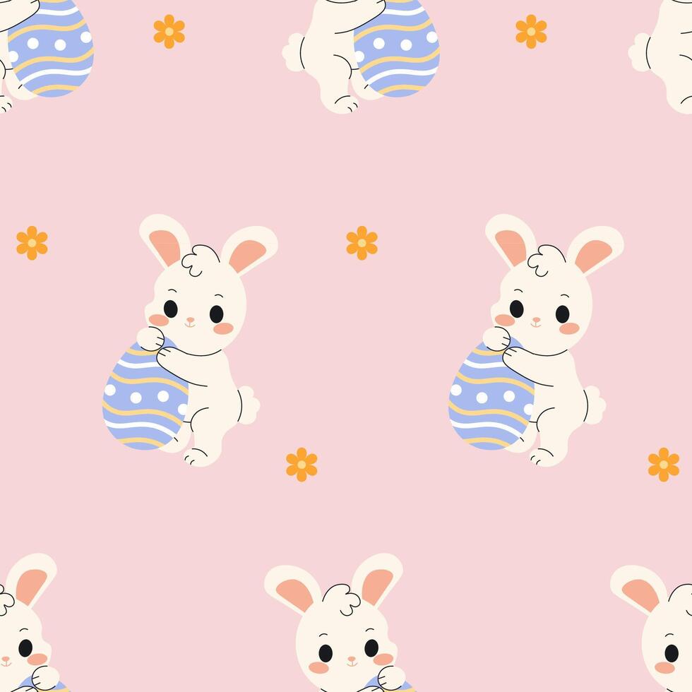 Seamless pattern of Easter bunnies with eggs and yellow flowers, perfect for holiday, spring, and festive design projects. vector