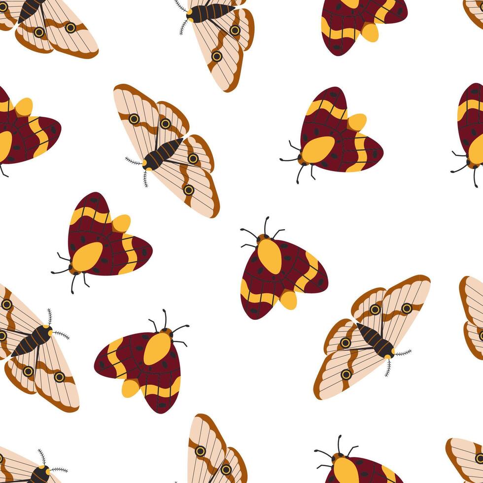 Seamless pattern featuring detailed moths in warm earthy tones, arranged on a white background. Ideal for textile design, stationery, packaging, and nature-inspired decorative projects. vector
