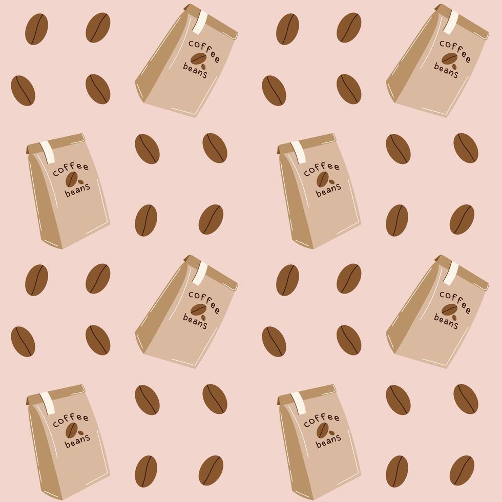Flat-style seamless pattern featuring coffee bags and beans on a light pink background. Ideal for cafe branding, packaging, textile prints, or digital designs. vector