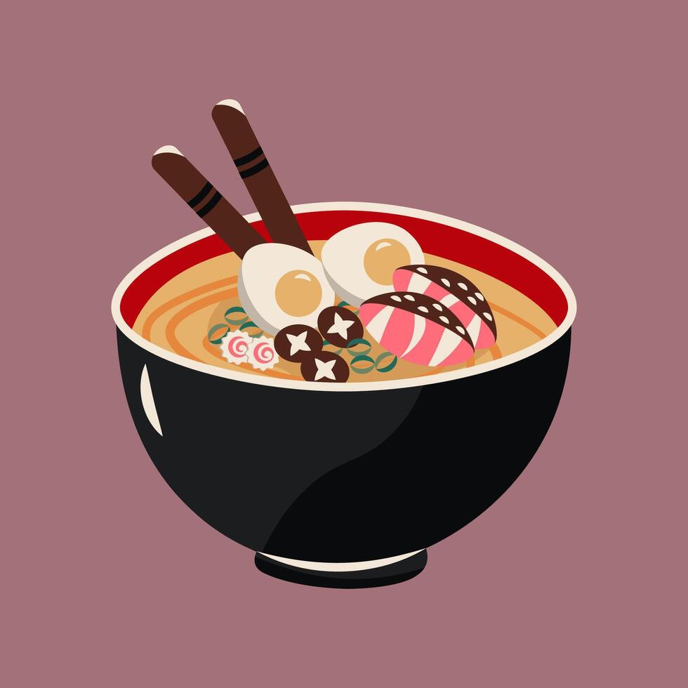 Flat-style illustration of a bowl of ramen with eggs, mushrooms, fish cakes, and chopsticks. Perfect for food designs, icons, menus, or culinary projects celebrating Asian cuisine. vector