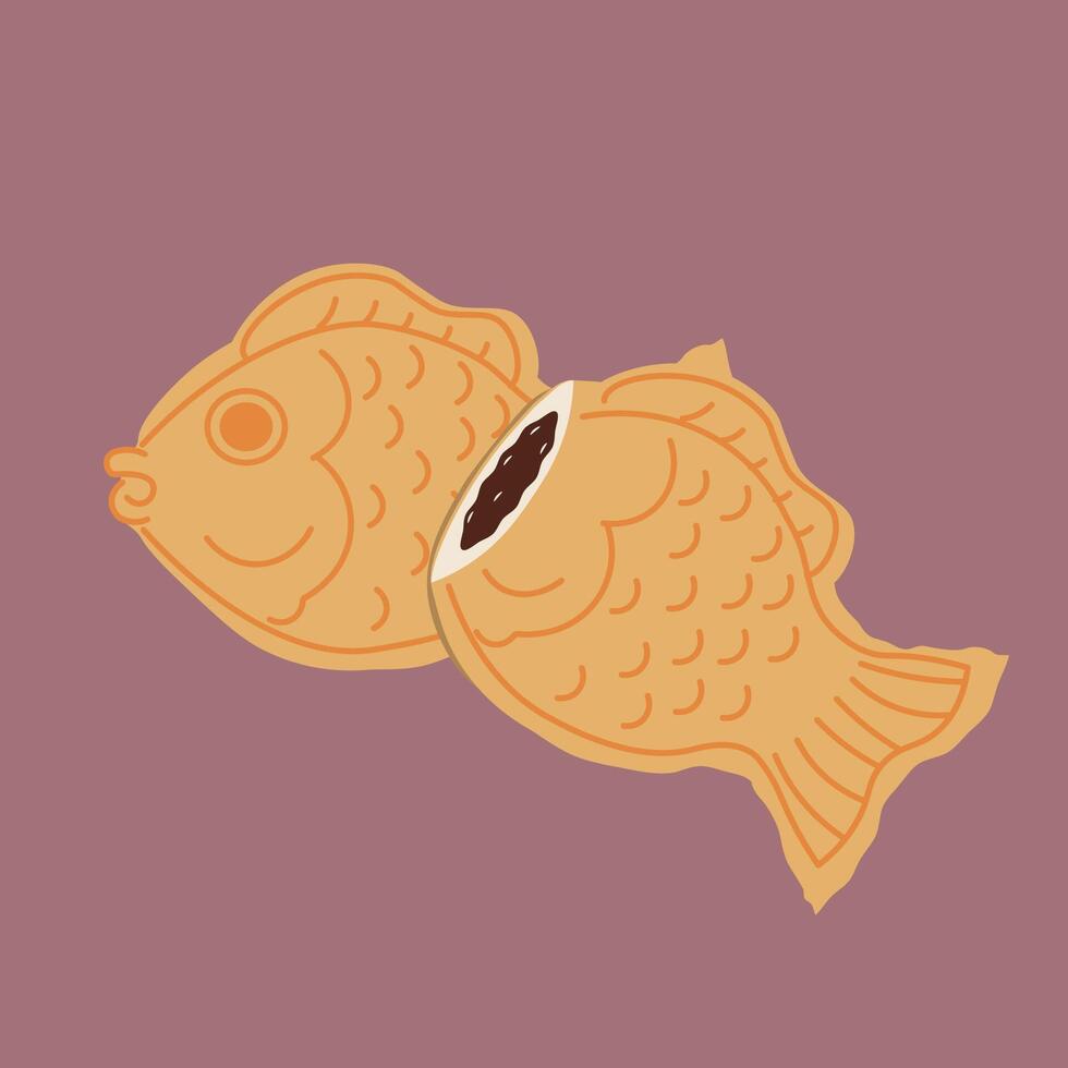 Flat-style illustration of taiyaki or punnopan , a popular fish-shaped pastry filled with sweet red bean paste. Perfect for food-related designs, icons, bakery themes, and Asian dessert promotions. vector