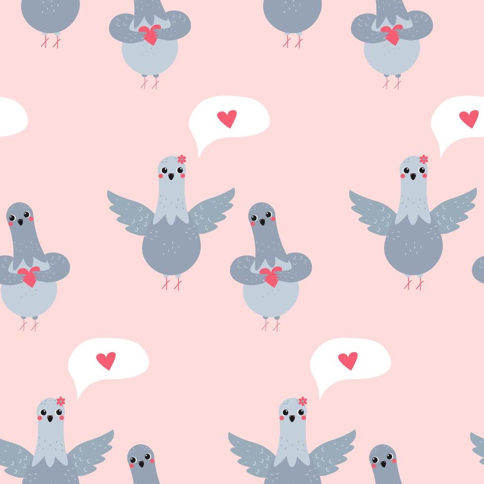 Flat-style seamless pattern with cute pigeons holding hearts and speech bubbles with love symbols on a pink background. Perfect for Valentine's Day designs, greeting cards, wrapping paper, and fabric vector