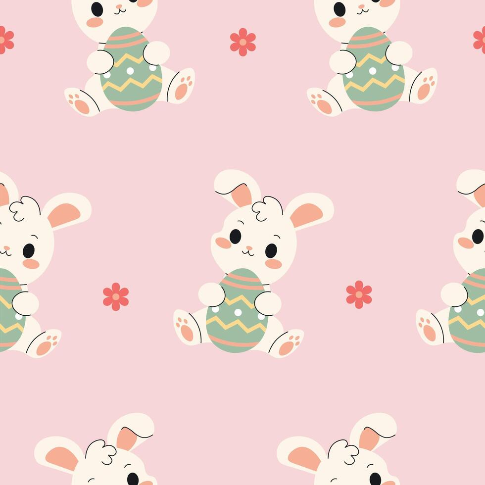 Seamless pattern of Easter bunnies with eggs and flowers, perfect for holiday, spring, and festive design projects. vector