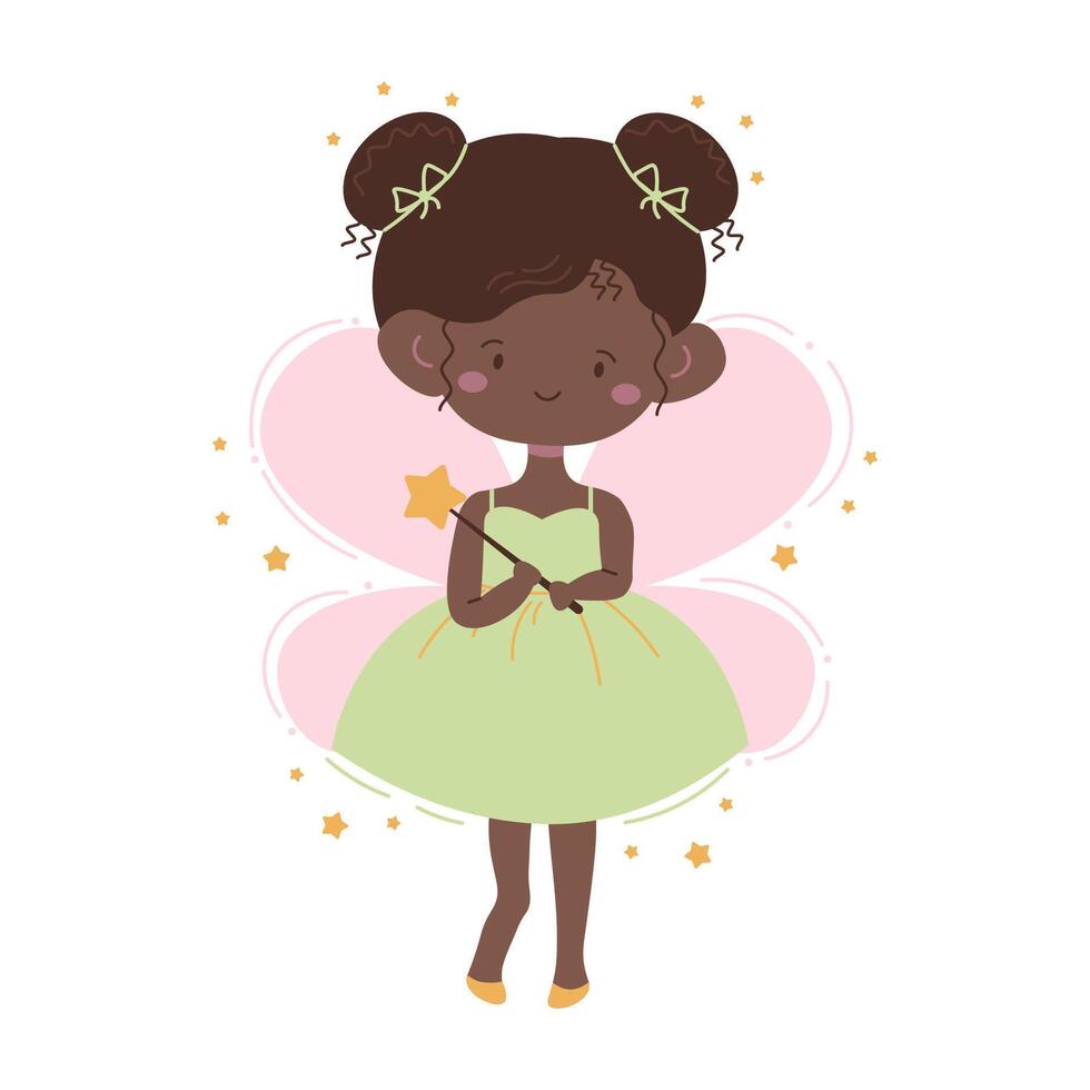 Flat style illustration of a cute black fairy, holding a magic wand, surrounded by golden stars, ideal for children's designs, fantasy themes, and magical projects. vector