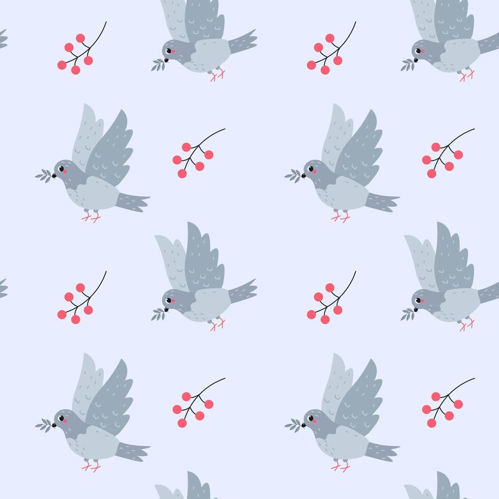 Flat-style seamless pattern featuring pigeons with olive branches and red berries on a soft pastel background. Perfect for Valentine's Day, wedding designs, fabric, wrapping paper, and stationery. vector