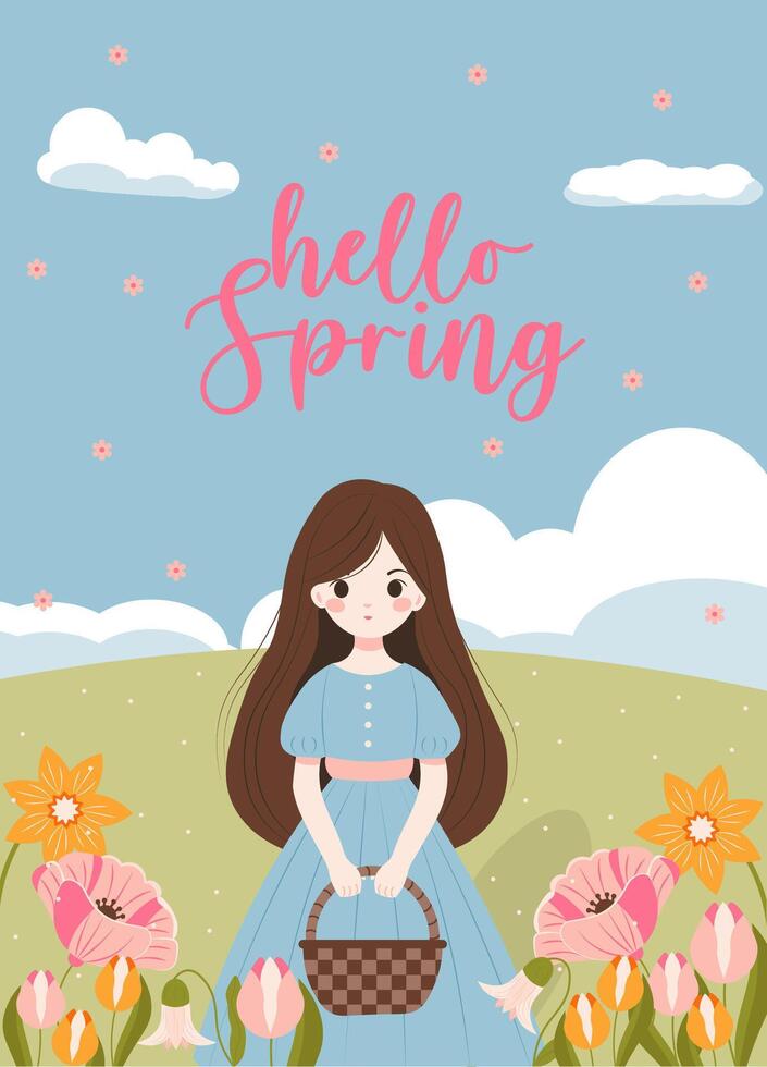 Charming flat-style illustration of a young girl in a blue dress holding a basket, surrounded by blooming spring flowers. Perfect for spring-themed designs, postcards, and seasonal projects. vector