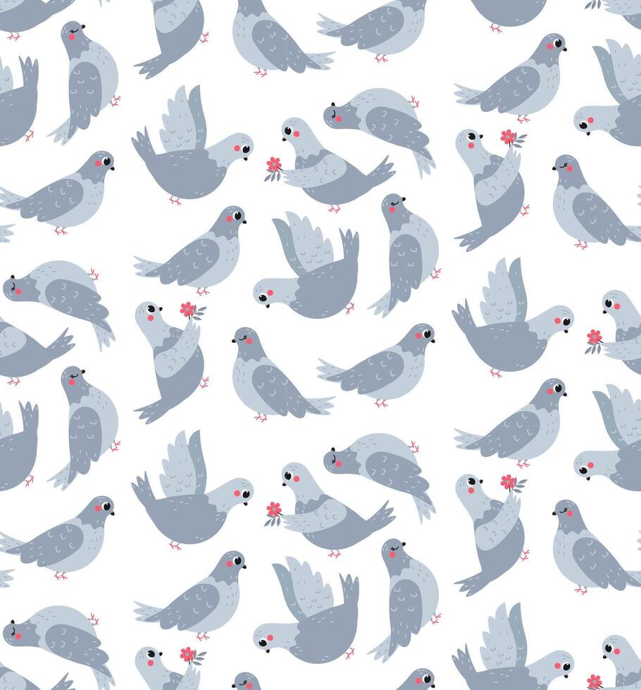 Flat-style seamless pattern with adorable pigeons holding flowers and interacting. Perfect for Valentine's Day designs, romantic stationery, fabric prints, and greeting cards. vector