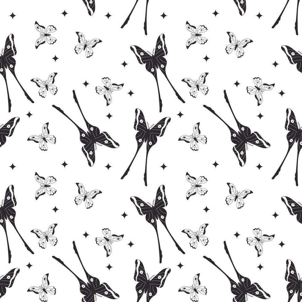 Elegant black and white butterfly pattern featuring delicate long-tailed and small butterflies with decorative details, ideal for textiles, wallpaper, packaging, and stylish nature-inspired designs. vector