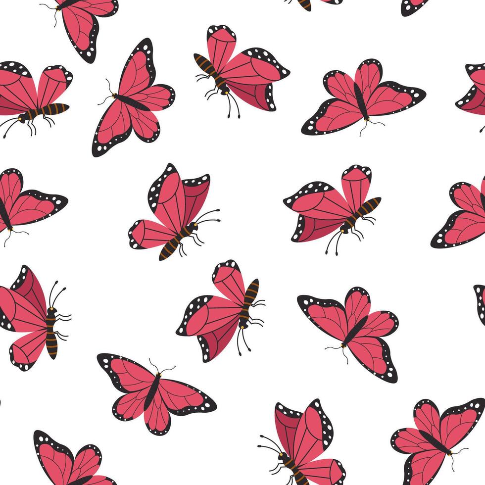 Seamless pattern of pink butterflies with black details in a flat style, gracefully arranged on a white background. Perfect for textile design, stationery, packaging, and nature-inspired decorations. vector