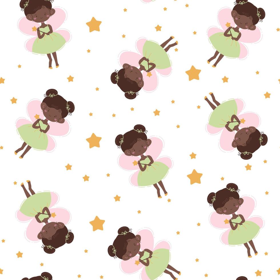 Seamless pattern of a cute black fairy with brown hair and holding a magic wand, surrounded by yellow stars, ideal for children's designs, fabrics, and magical-themed projects. vector