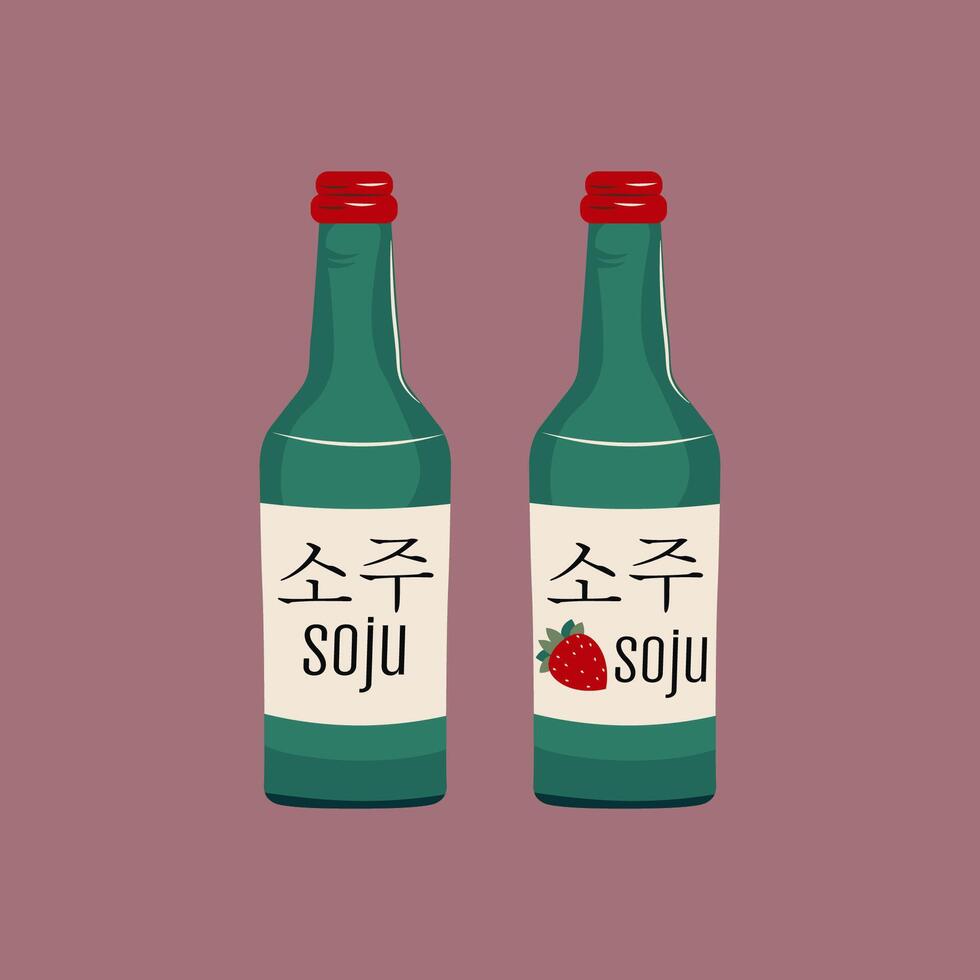 Flat-style illustration of classic and strawberry soju bottles. Perfect for Korean culture projects, bar menus, or alcohol-related designs with a minimalist aesthetic. vector