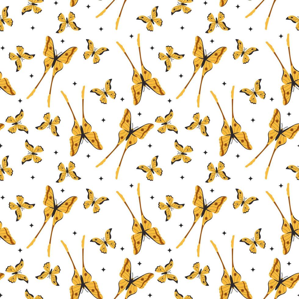 Seamless pattern of golden butterflies in a flat style with delicate black details, scattered elegantly on a white background. Ideal for textile design, wallpaper, and nature-inspired decoration vector