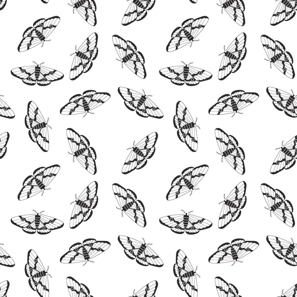 Seamless black and white moth pattern featuring intricate wing details, creating a vintage and elegant look. Ideal for textiles, wallpaper, packaging, and nature-inspired designs. vector