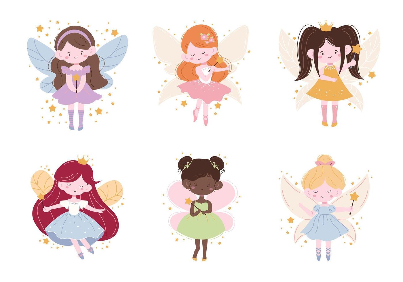 Flat style illustration of five adorable fairies with colorful wings, magical wands, and sparkling stars, perfect for children's books, fantasy designs, greeting cards, and whimsical artwork. vector
