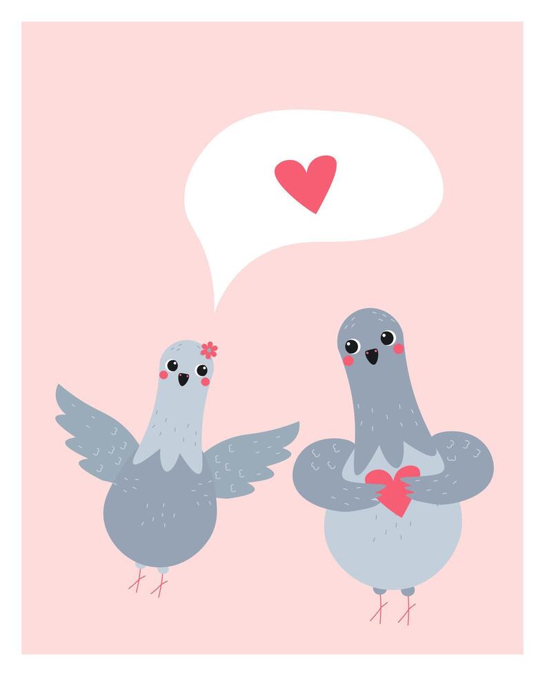 Charming flat-style illustration of two pigeons exchanging love with a speech bubble and heart. Perfect for Valentine's Day cards, romantic designs, and celebrations of love and affection. vector