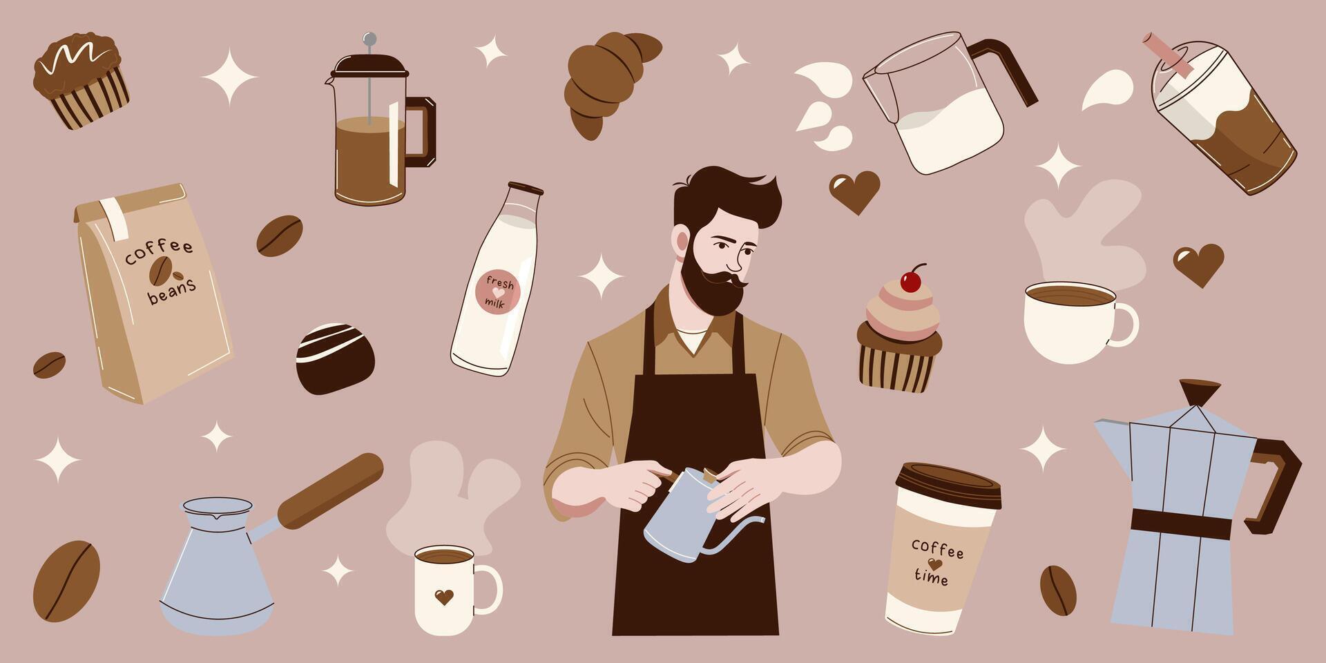 Flat-style illustration of a barista surrounded by coffee items, tools, and treats. Perfect for coffee branding, cafe designs, and creative projects. vector
