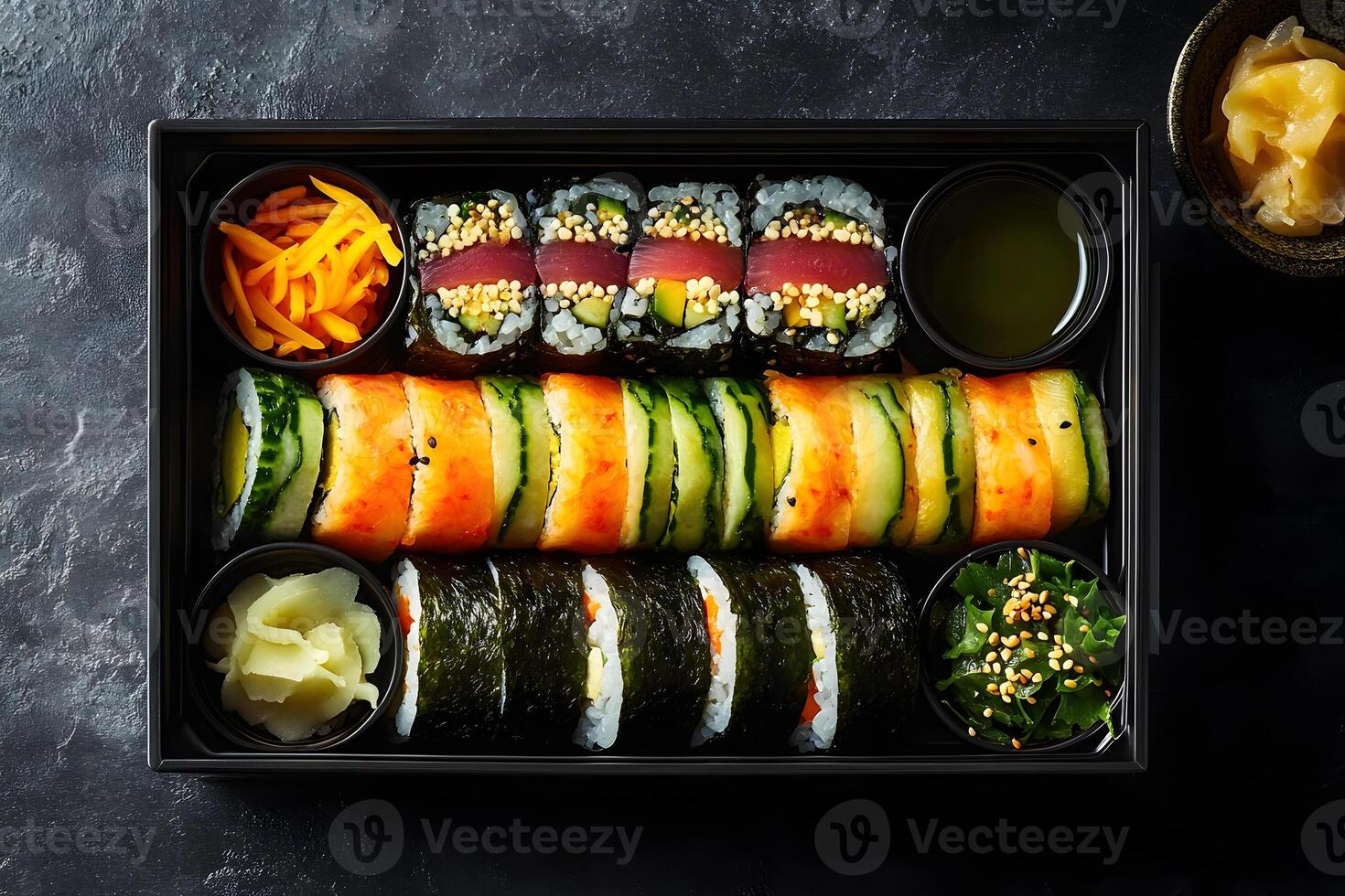 Colorful bento box with gimbap rolls, fresh vegetables, rice, and seaweed layers in a vibrant arrangement photo
