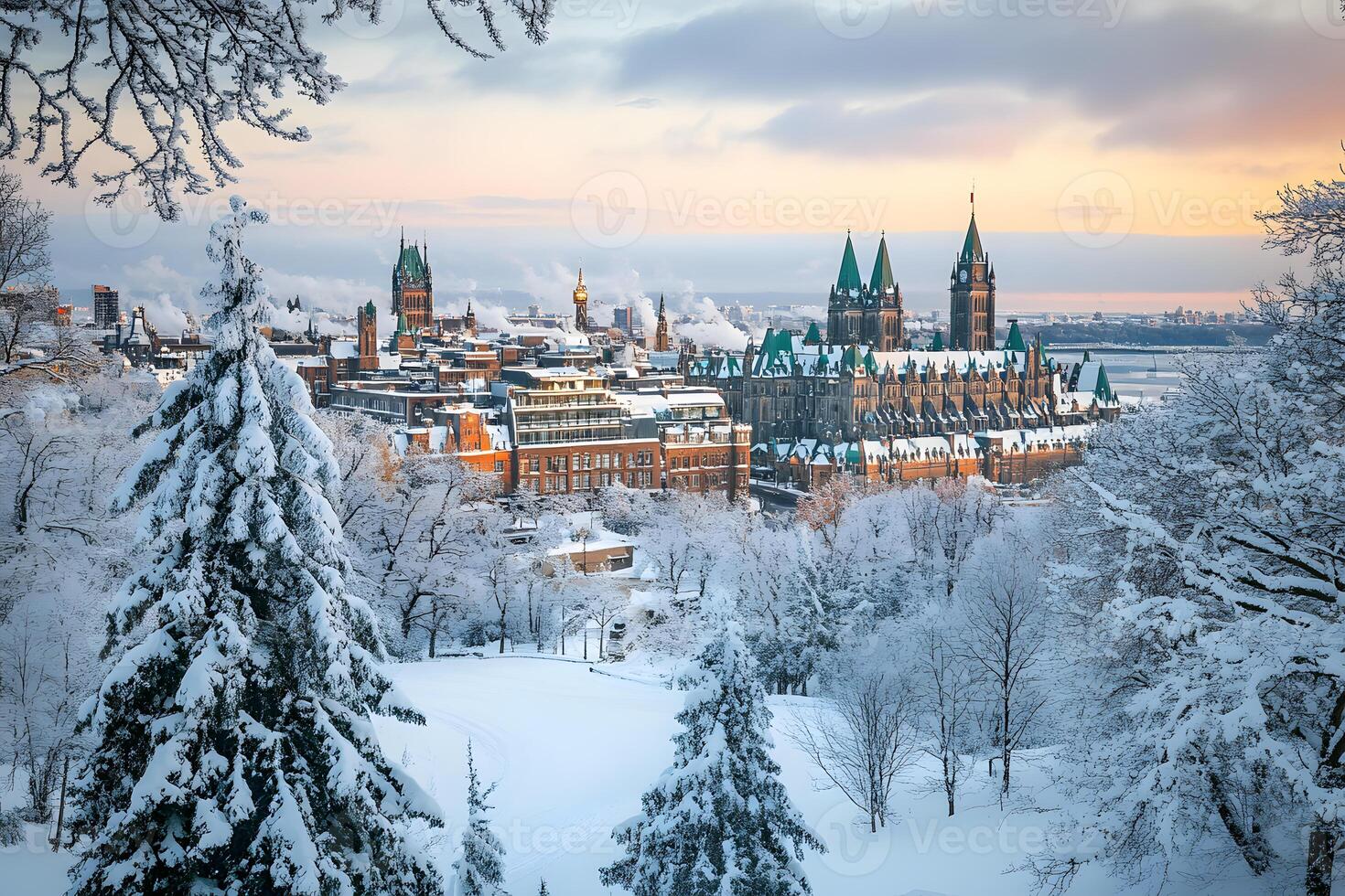 Iconic cityscape blanketed in fresh snow, showcasing softened urban architecture under winter serene cover photo