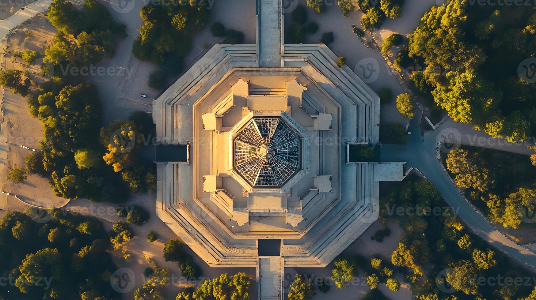 High aerial drone view of a mosque, showcasing perfect symmetry and architectural layout, reflecting Islamic beauty photo